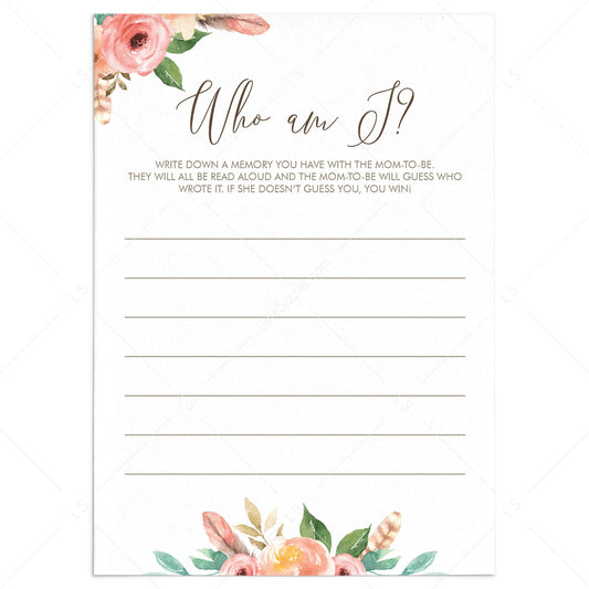 Boho Baby Shower Game Who Am I Instant Download by LittleSizzle