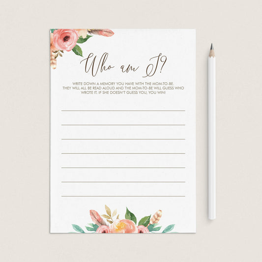 Boho Baby Shower Game Who Am I Instant Download by LittleSizzle
