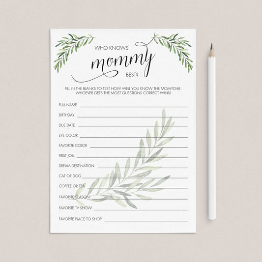 Greenery Who Knows Mommy Best Game for Baby Shower by LittleSizzle