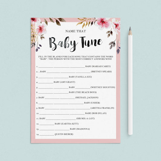 Name that tune baby shower game with pink flowers by LittleSizzle