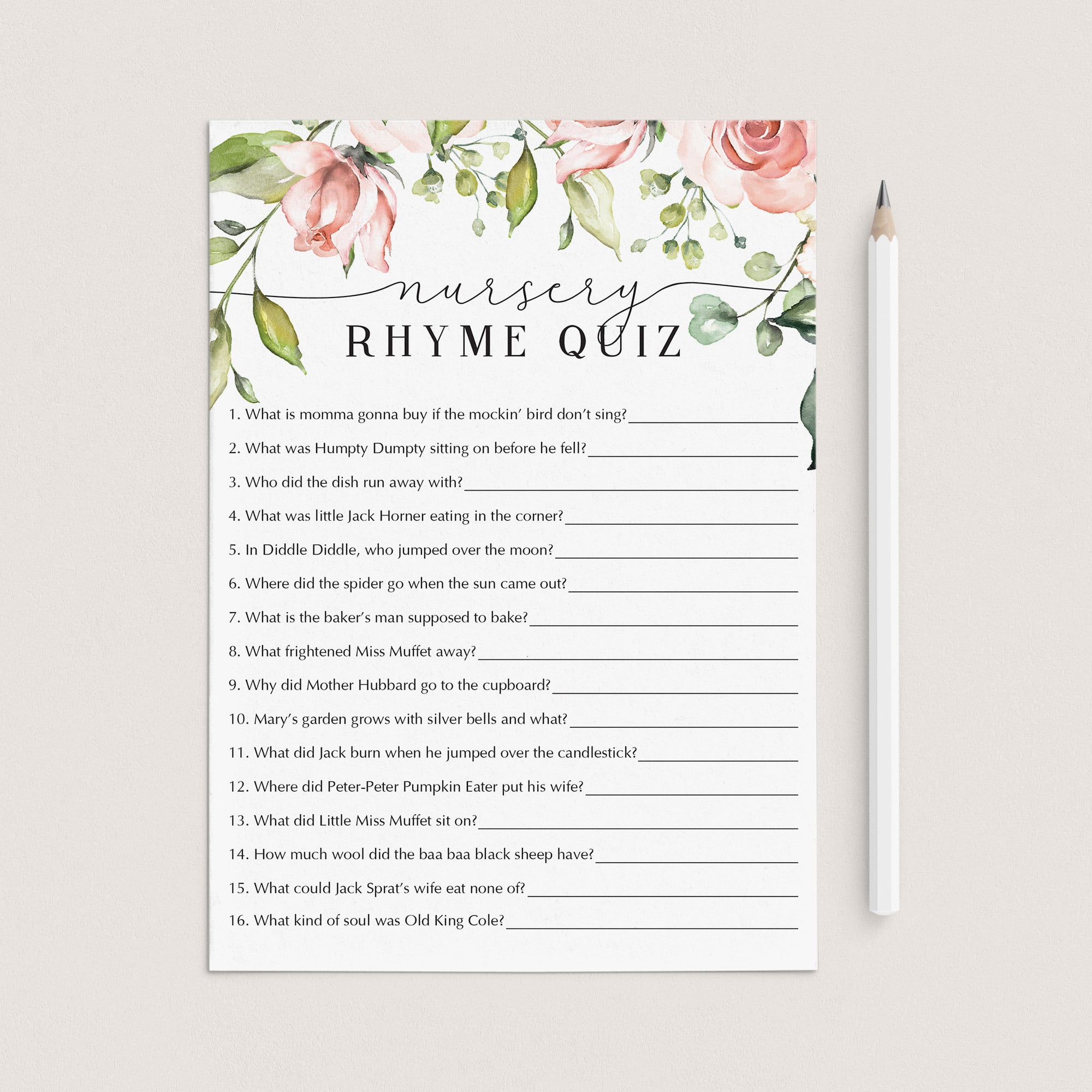 Printable baby nursery rhymes game for floral baby shower by LittleSizzle