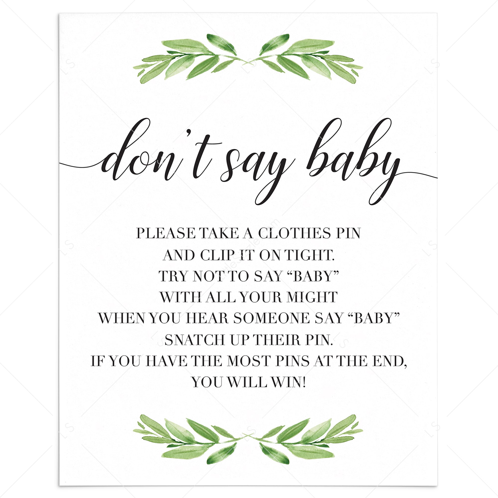 Don t Say Baby Game Sign For Gender Neutral Baby Shower With Green Leaves LittleSizzle don-t-say-baby-game-sign-for-gender-neutral-baby-shower-with-green-leaves-littlesizzle