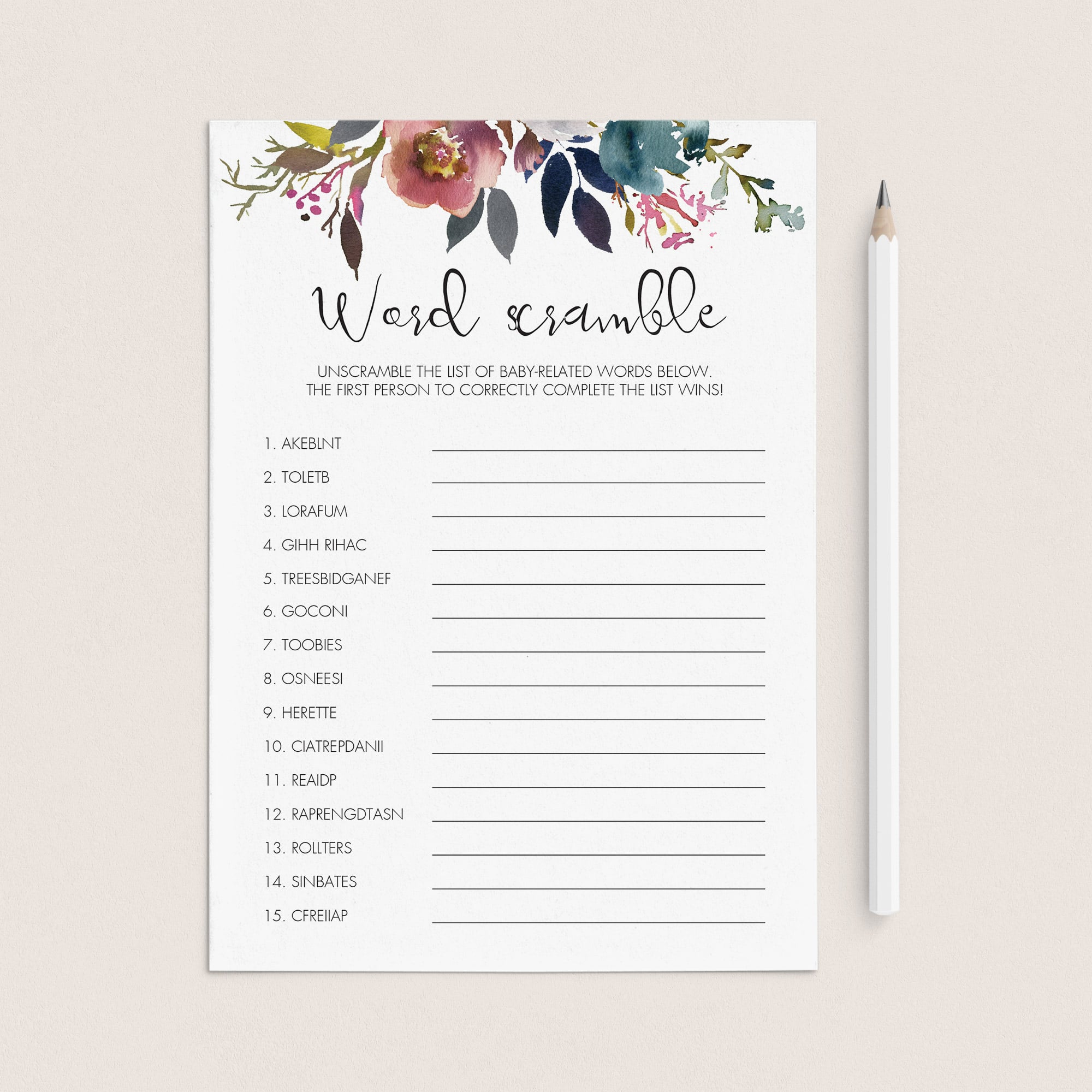 Baby word scramble game printable for floral shower by LittleSizzle