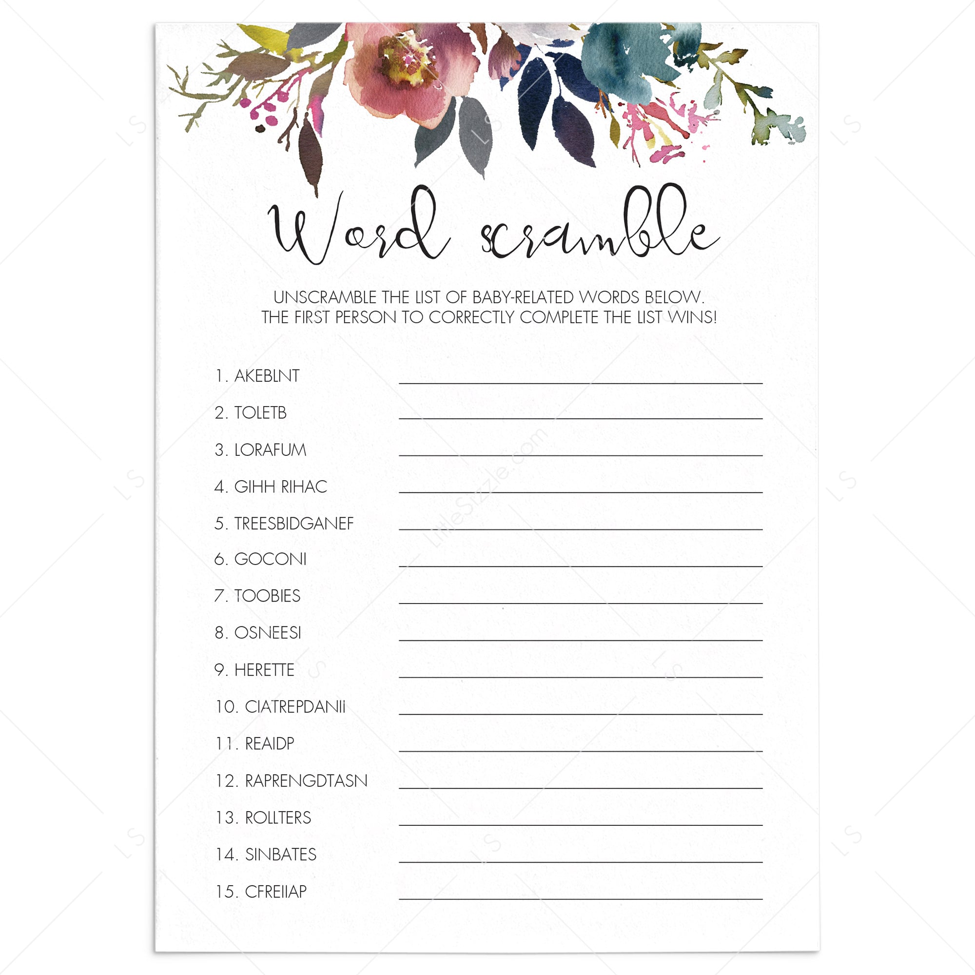 Baby word scramble game printable for floral shower by LittleSizzle