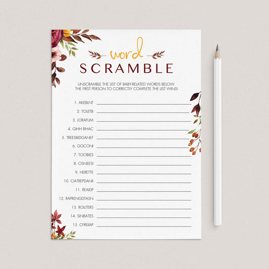 Fall baby shower game word scramble printable by LittleSizzle