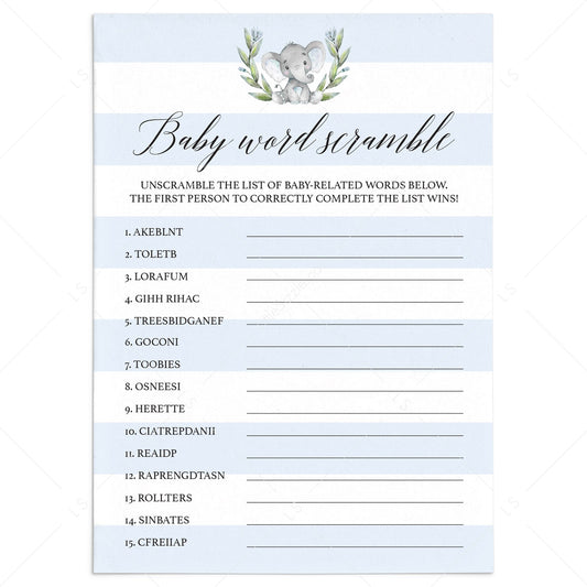 Baby Word Scramble game for elephant baby shower by LittleSizzle