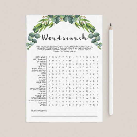 Baby word search game printable with green leaves by LittleSizzle
