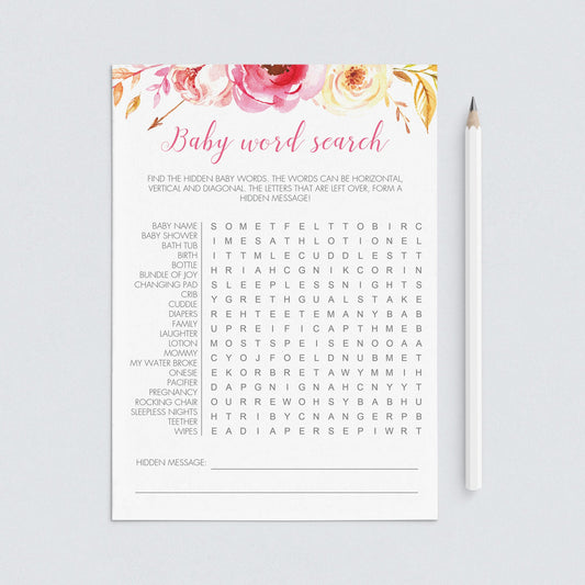 Watercolor Floral Baby Shower Search the Words Game by LittleSizzle