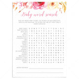 Watercolor Floral Baby Shower Search the Words Game by LittleSizzle