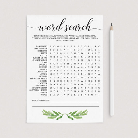 Green baby shower word search game printable by LittleSizzle