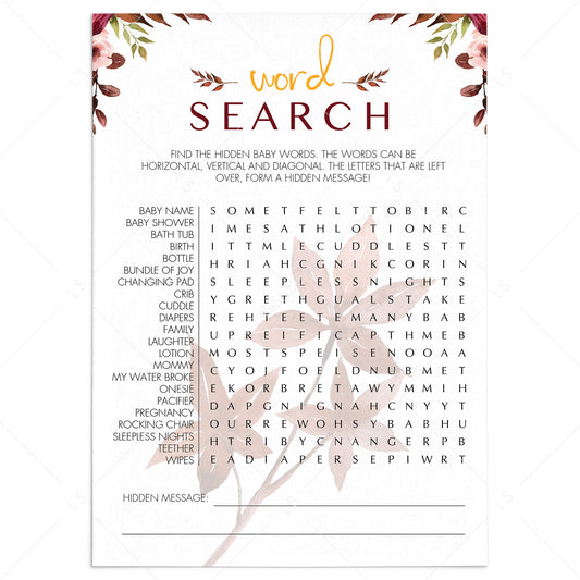 Fall BabyShower Word Search Game Printable by LittleSizzle