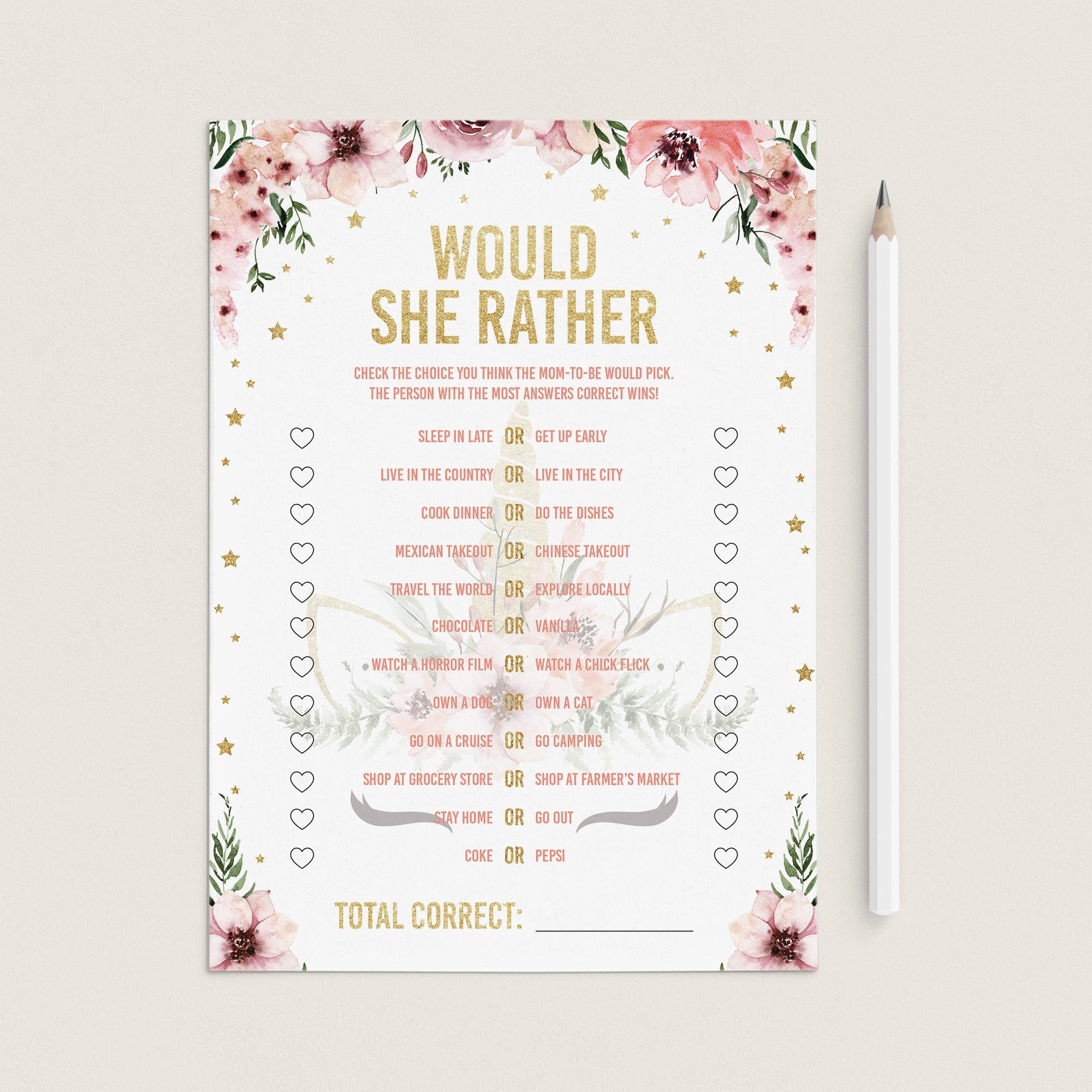 Baby shower would she rather printable game unicorn theme by LittleSizzle