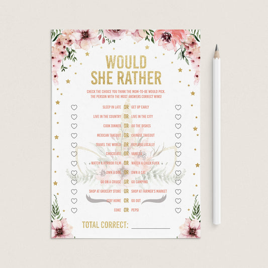 Baby shower would she rather printable game unicorn theme by LittleSizzle