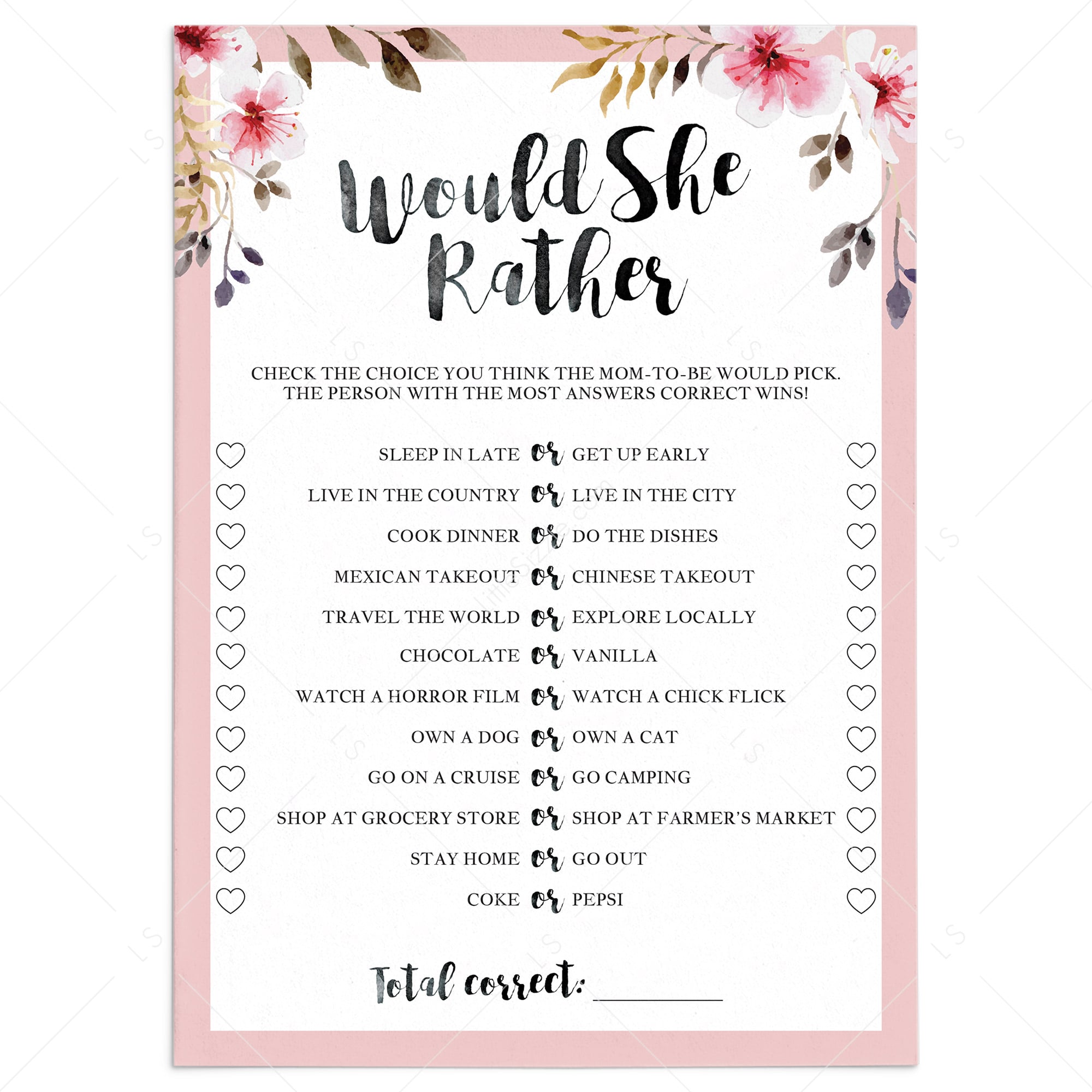 Floral babyshower girl game Would She Rather printable by LittleSizzle
