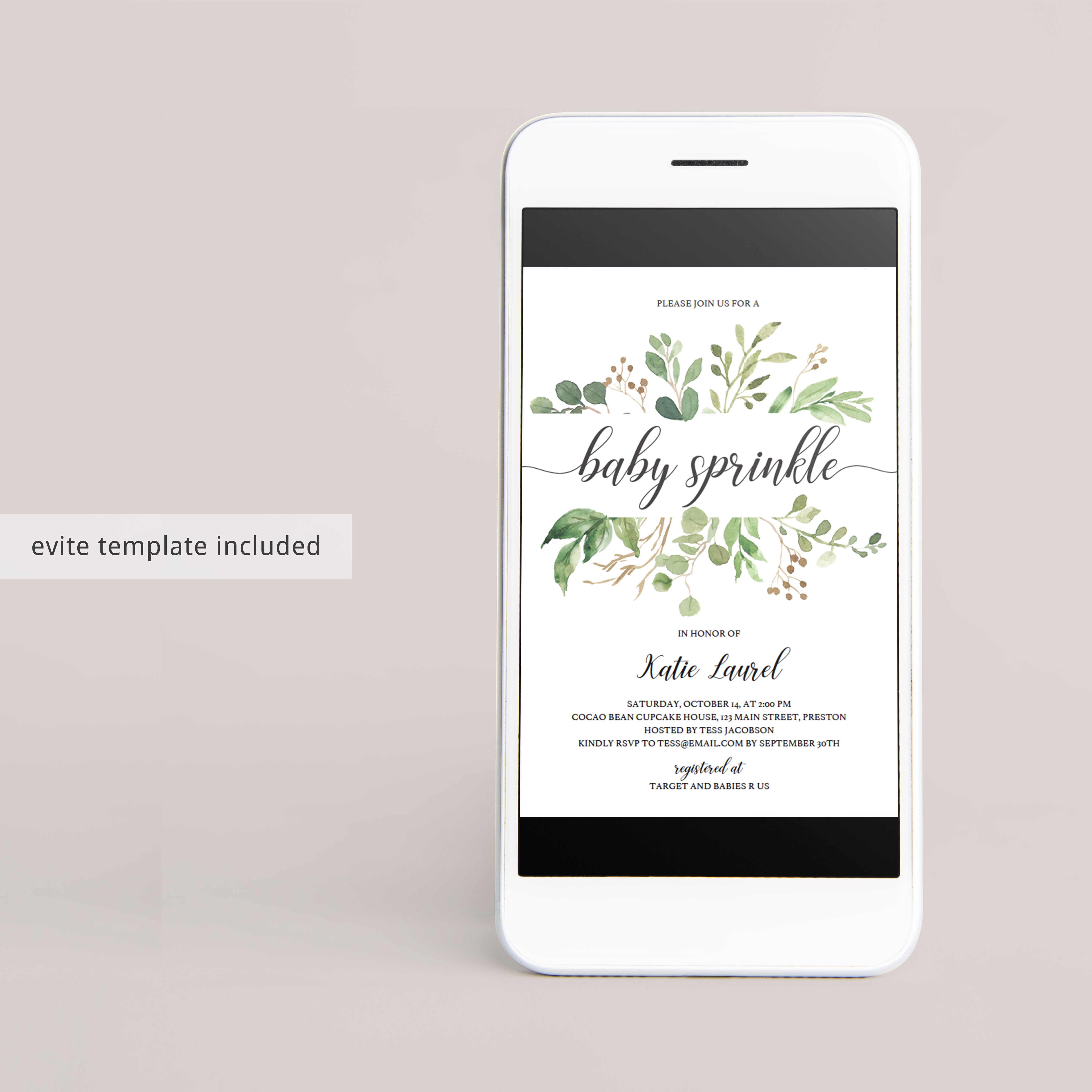 Greenery baby sprinkle invitation template by LittleSizzle