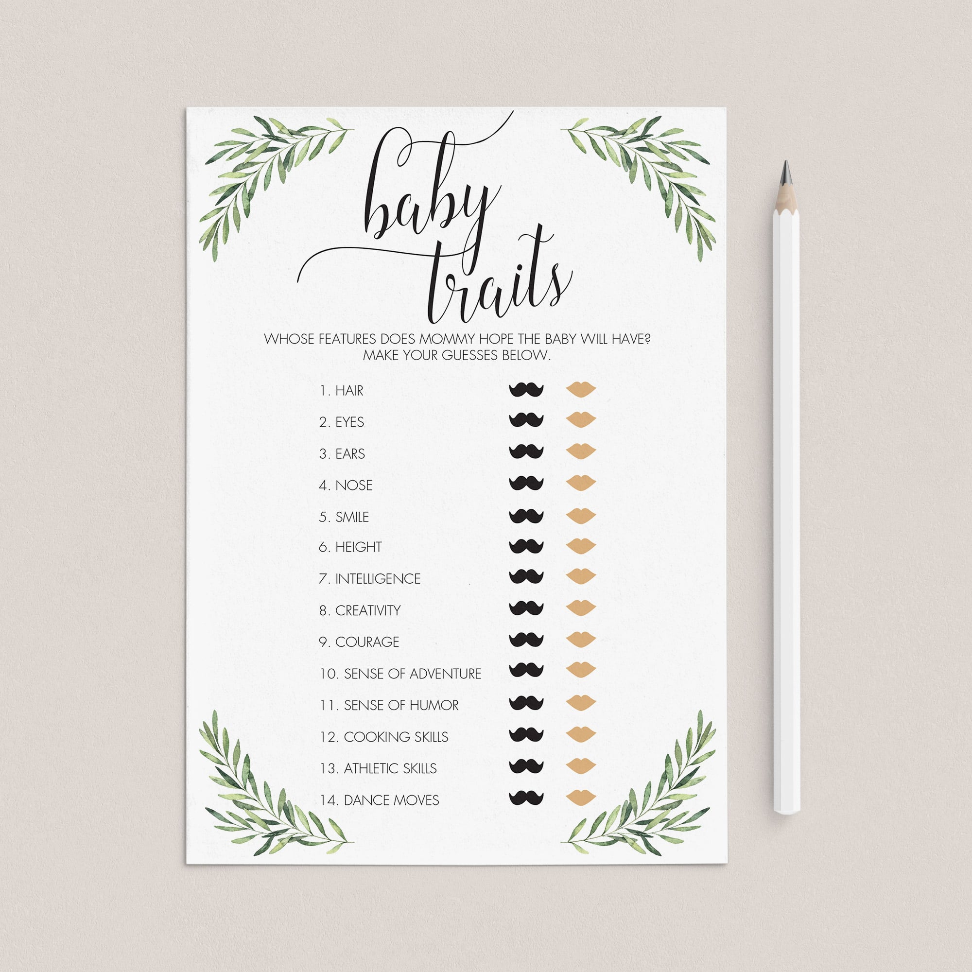 Baby Traits Game Printable for Greenery Baby Shower by LittleSizzle