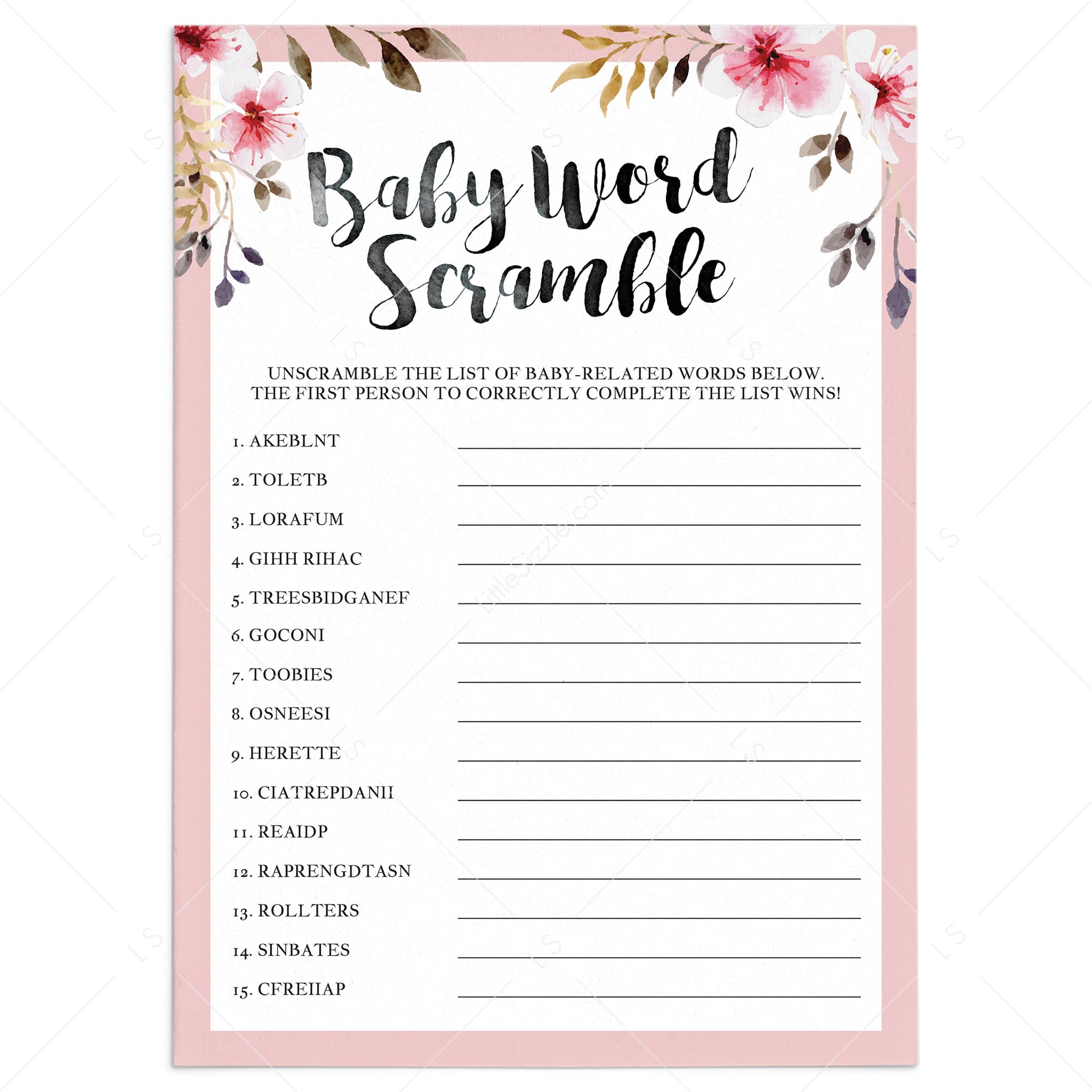 Girl baby shower scrambled words game printable by LittleSizzle