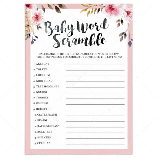Girl baby shower scrambled words game printable by LittleSizzle