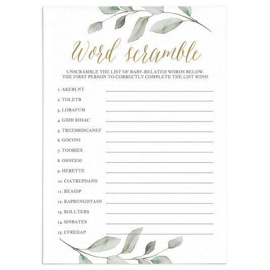 Word Scramble Baby Shower Game Instant Download by LittleSizzle