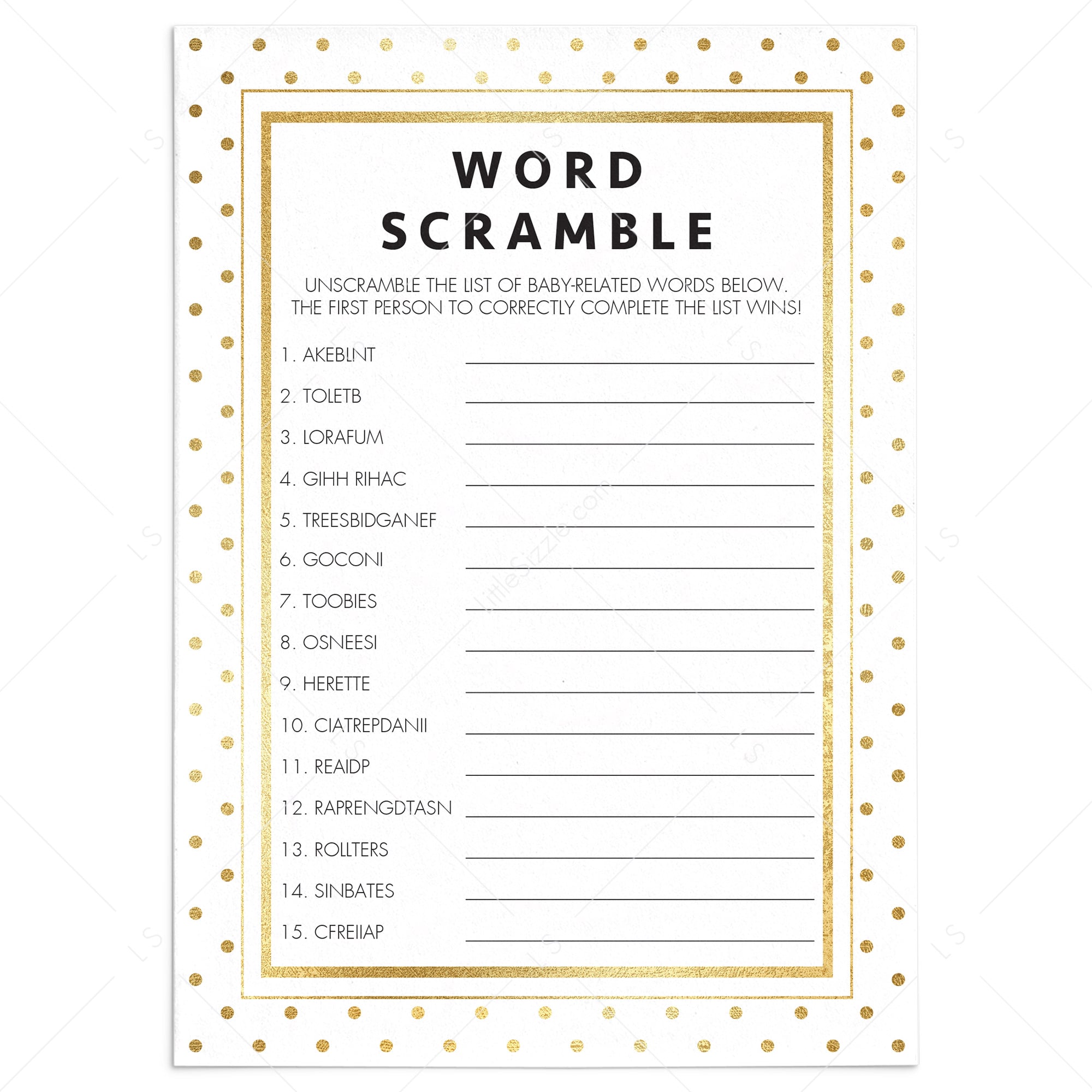 Word scramble game for neutral baby shower by LittleSizzle
