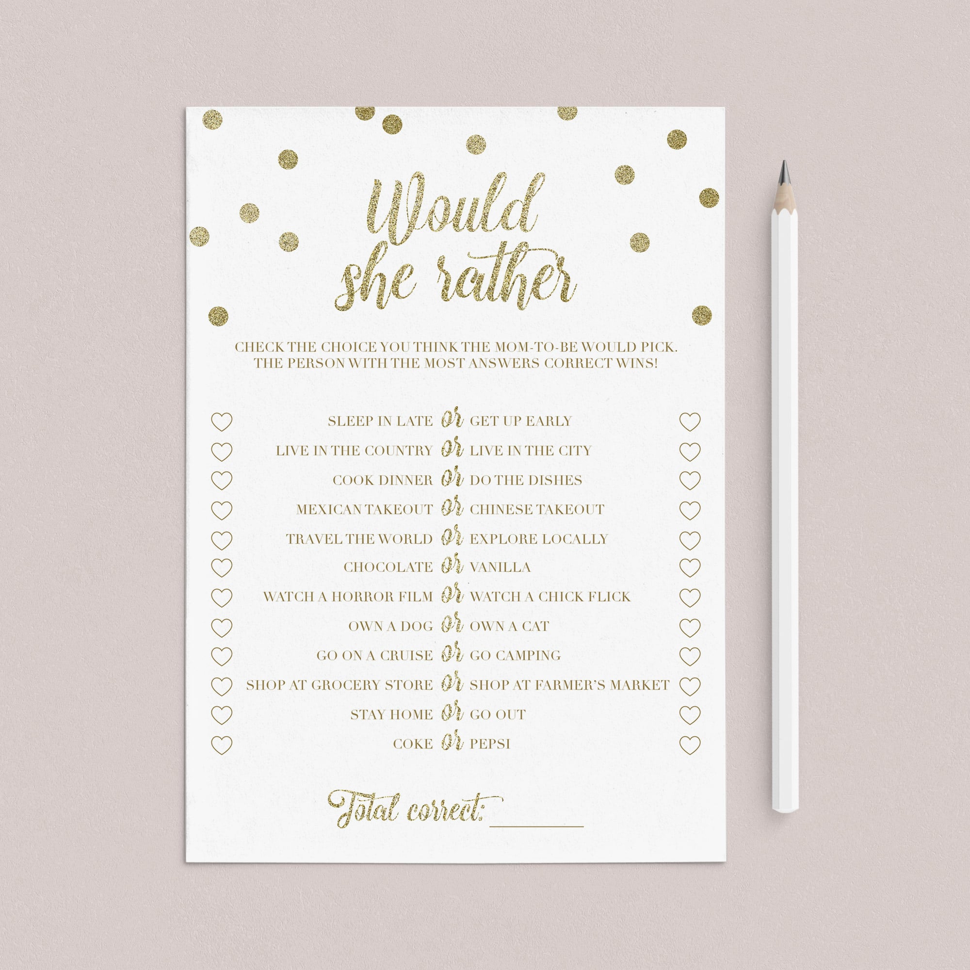 Printable would she rather baby shower game gold confetti by LittleSizzle