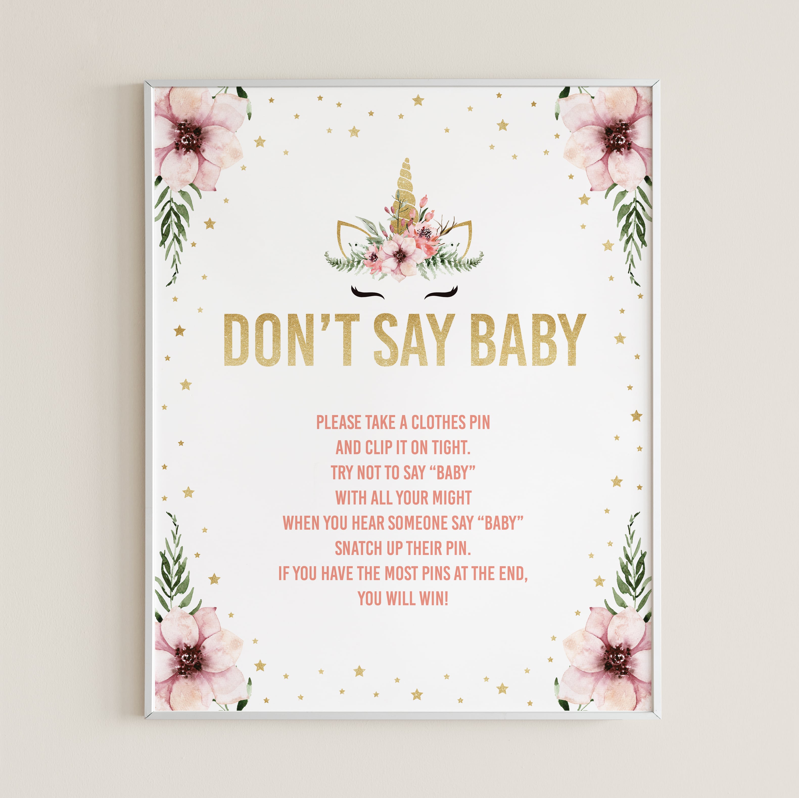 Unicorn baby shower game dont say baby printable sign by LittleSizzle