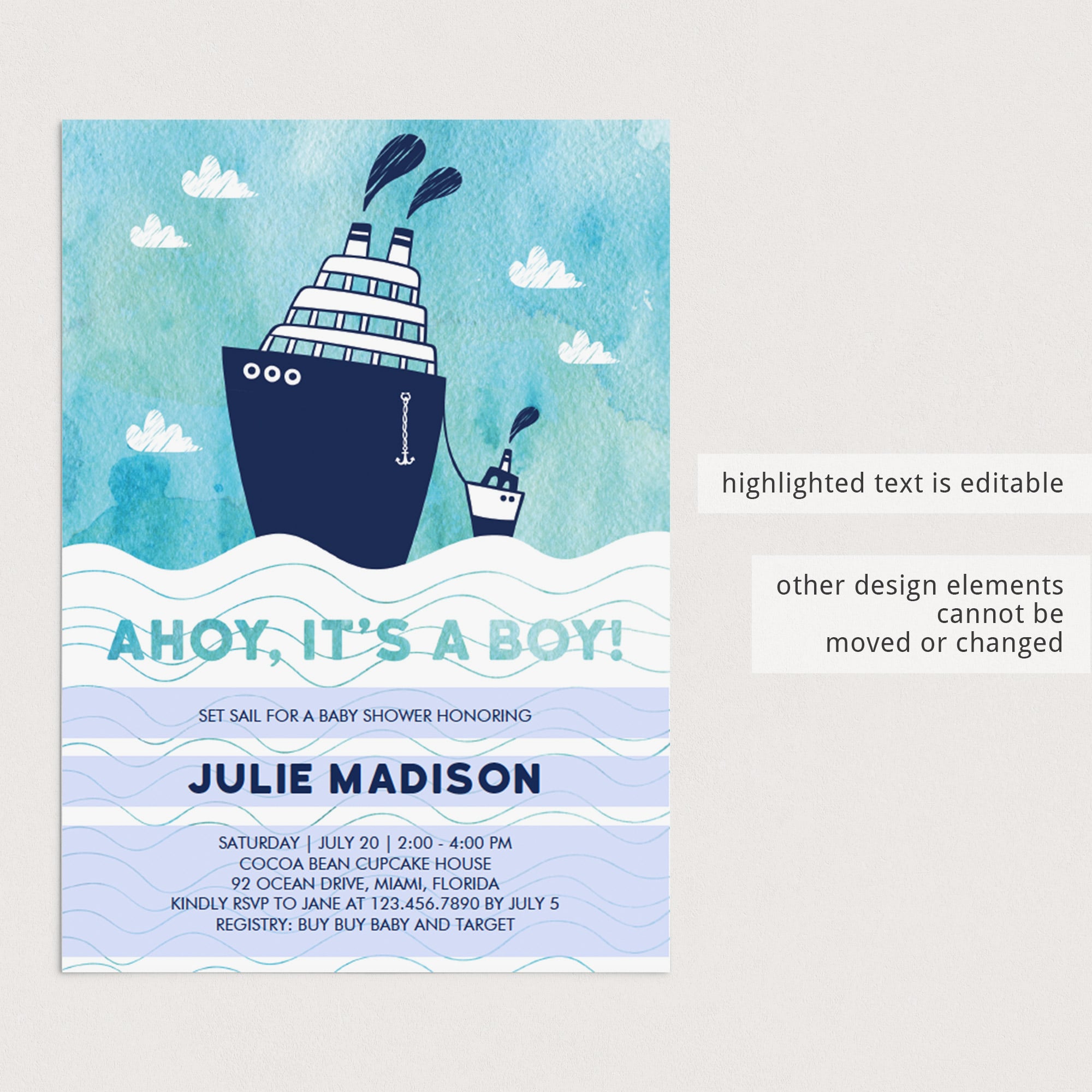 Boy baby party invitations do it yourself PDF template by LittleSizzle