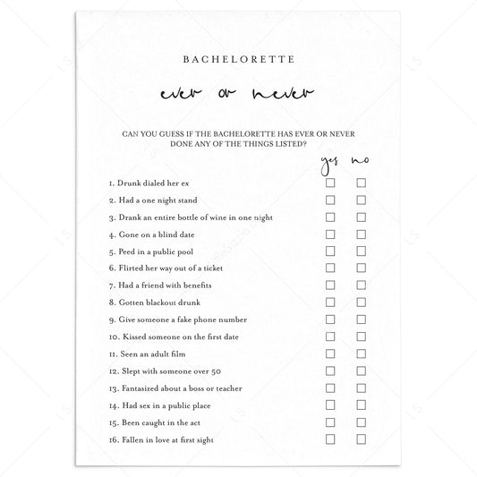Bachelorette Ever or Never Game Printable by LittleSizzle