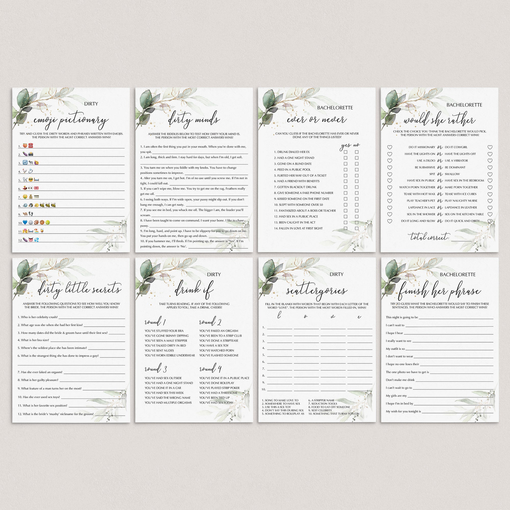 Printable Bachelorette Games Pack Greenery Gold by LittleSizzle