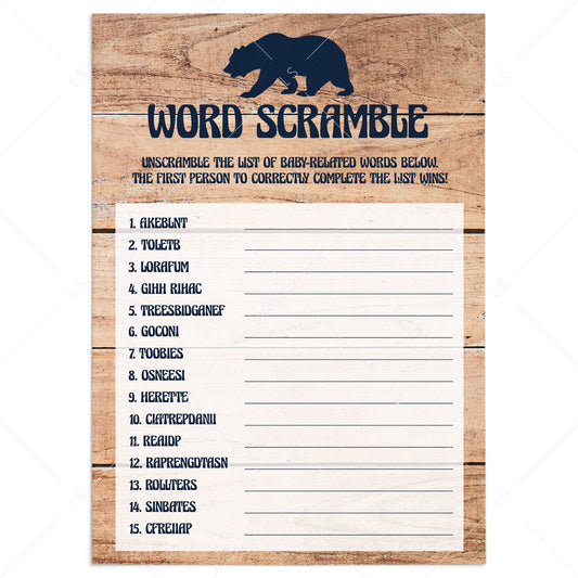 Baby word scramble game for boy baby shower by LittleSizzle