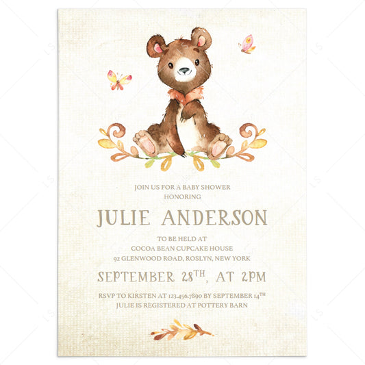 Bear baby shower invite template watercolor by LittleSizzle