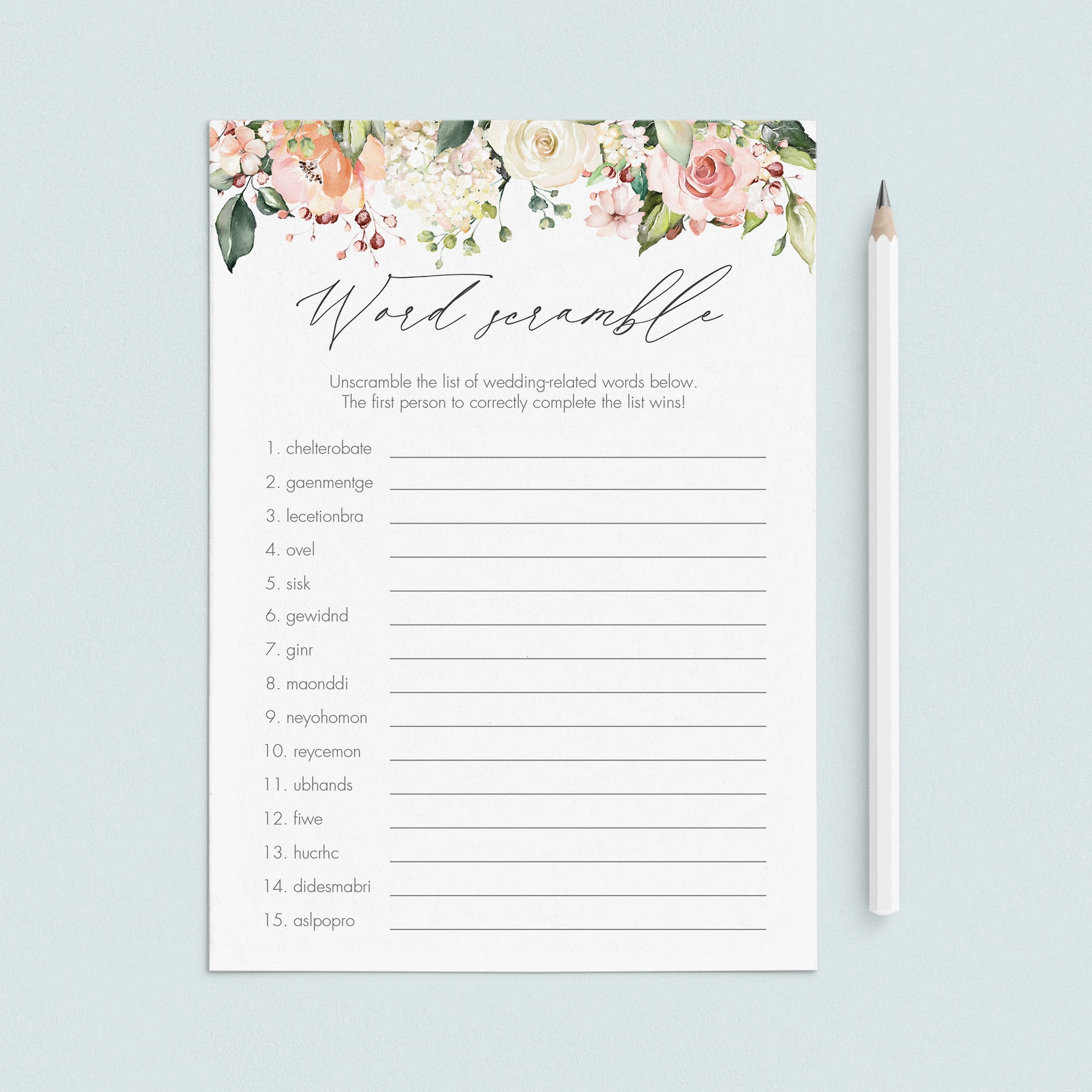 floral word scramble bridal shower game with answers