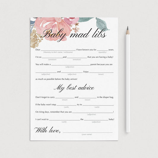 Blush floral baby shower mad libs game printable by LittleSizzle