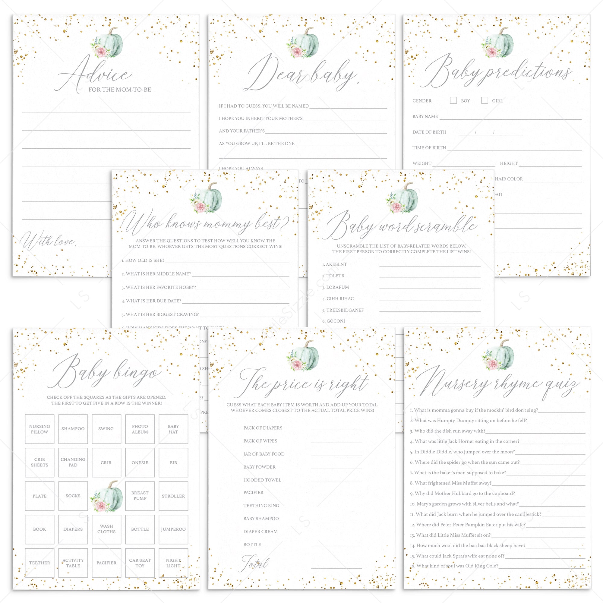 Floral Pumpkin Baby Shower Games Pack Instant Download by LittleSizzle