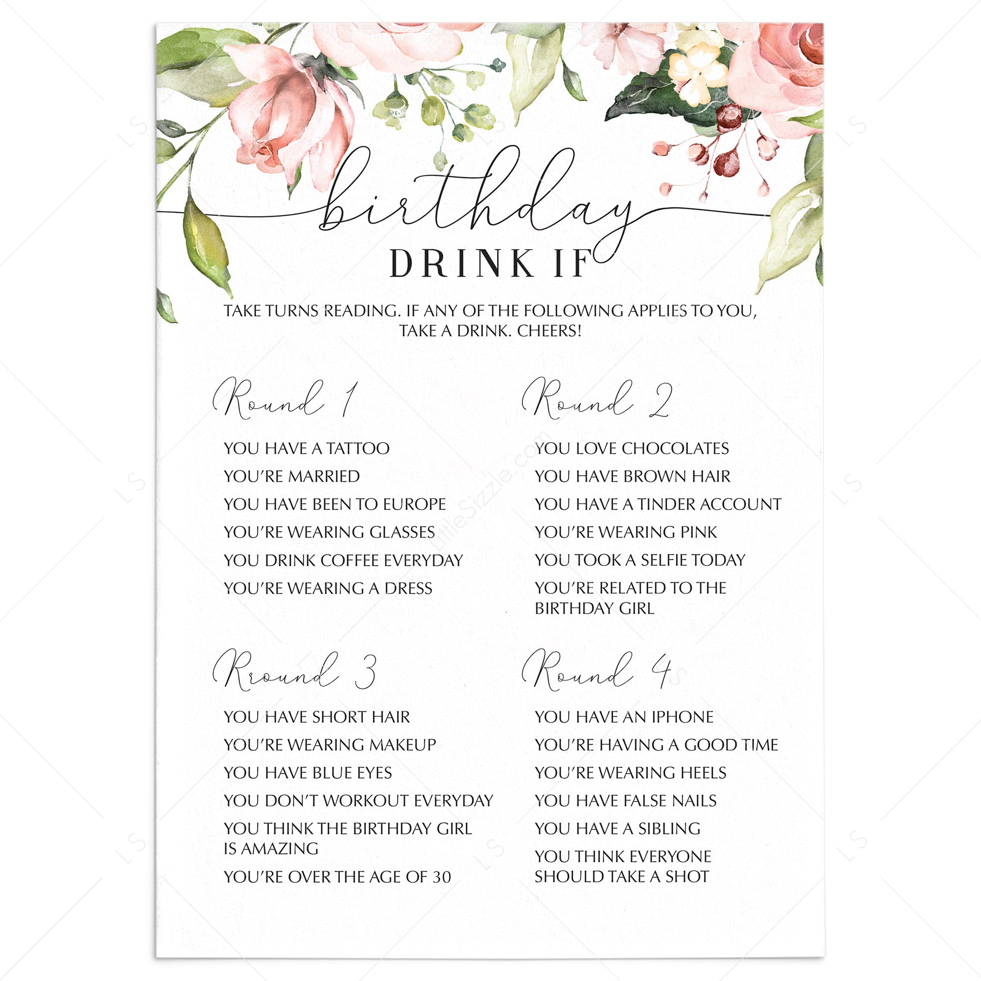 Women's Birthday Party Drinking Game Printable by LittleSizzle
