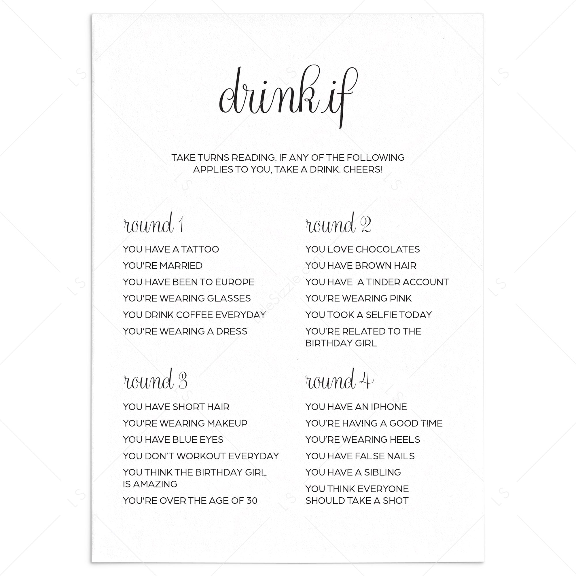 Printable Drinking Game for Women's Birthday Party by LittleSizzle