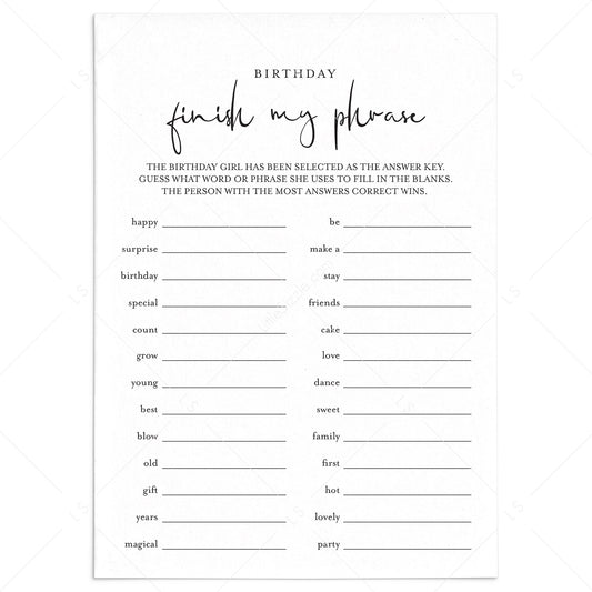 Girl Birthday Game for Groups Finish My Phrase Printable by LittleSizzle