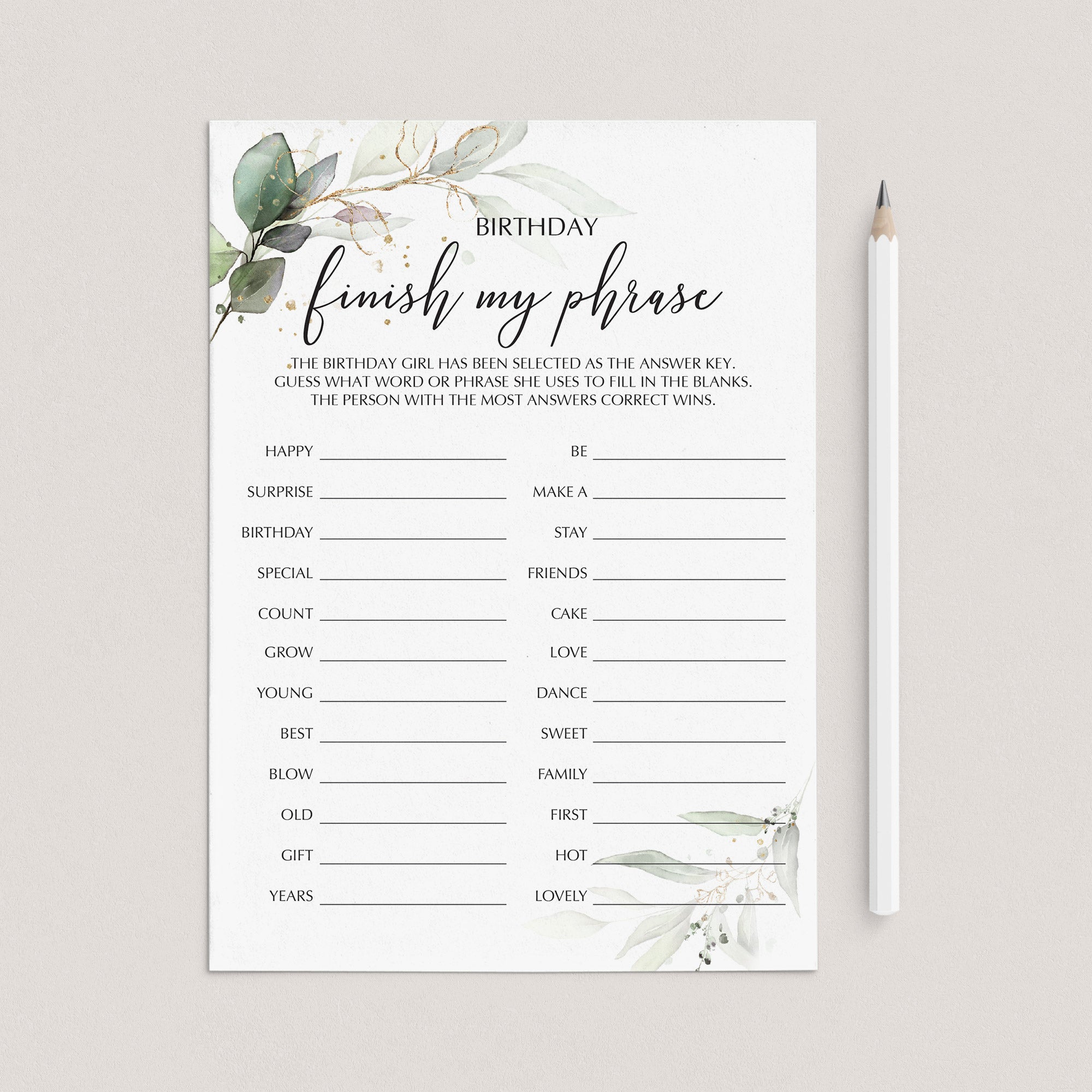 Greenery and Gold Theme Birthday Party Game Finish My Phrase Printable by LittleSizzle