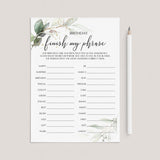 Greenery and Gold Theme Birthday Party Game Finish My Phrase Printable by LittleSizzle