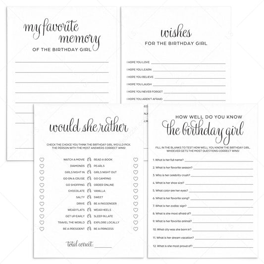 Elegant Girl Birthday Party Game Cards Bundle Instant Download by LittleSizzle