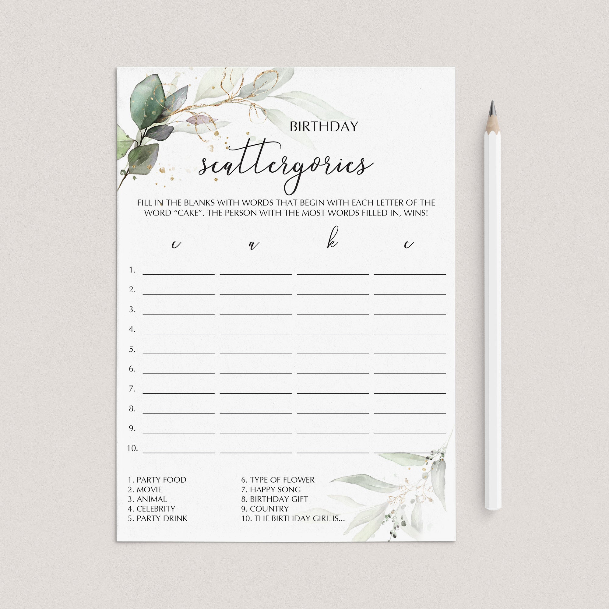 Birthday Scattergories Game Printable Greenery Theme by LittleSizzle