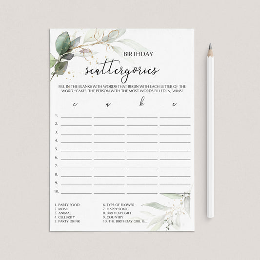 Birthday Scattergories Game Printable Greenery Theme by LittleSizzle