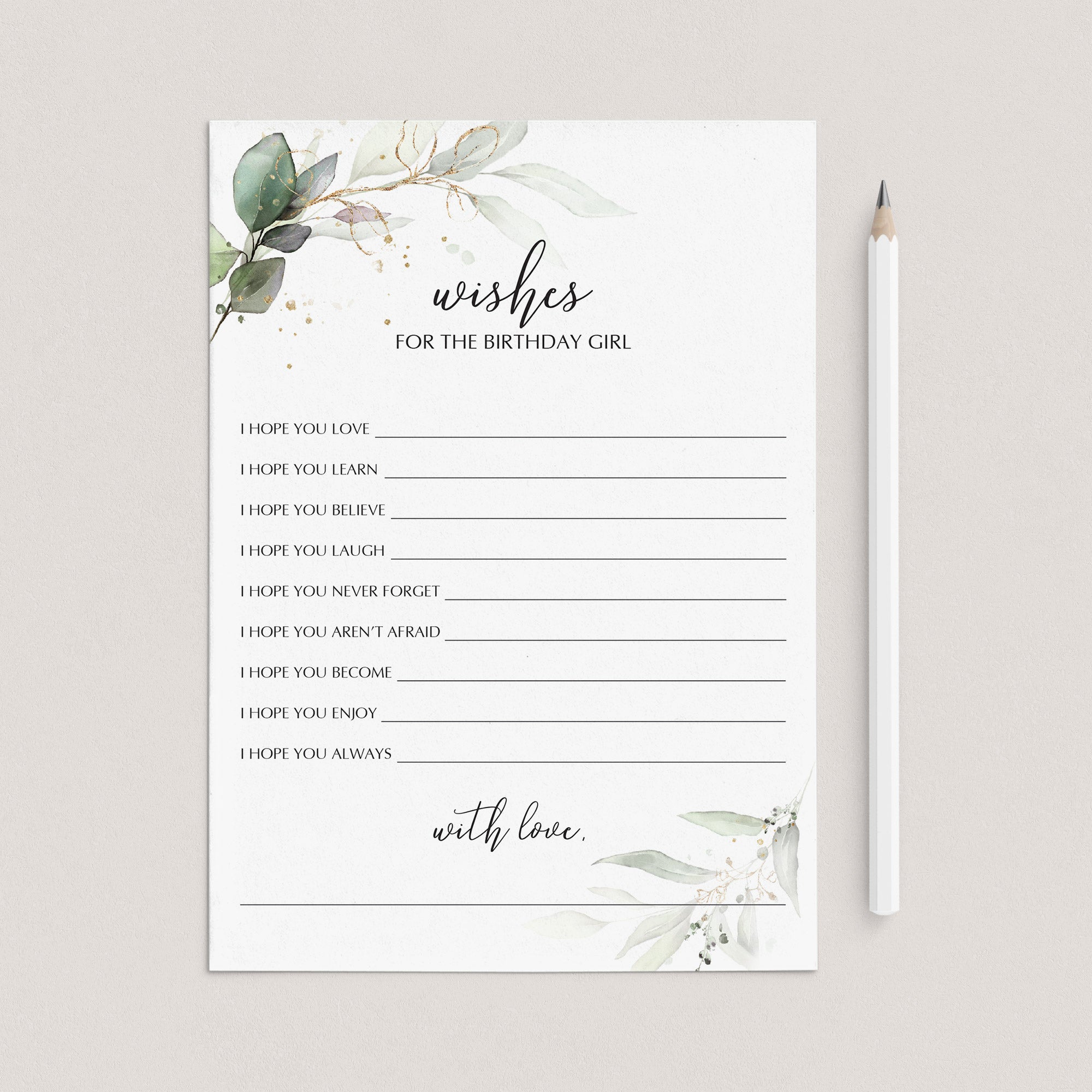 Greenery Gold Birthday Wishes Cards Printable by LittleSizzle
