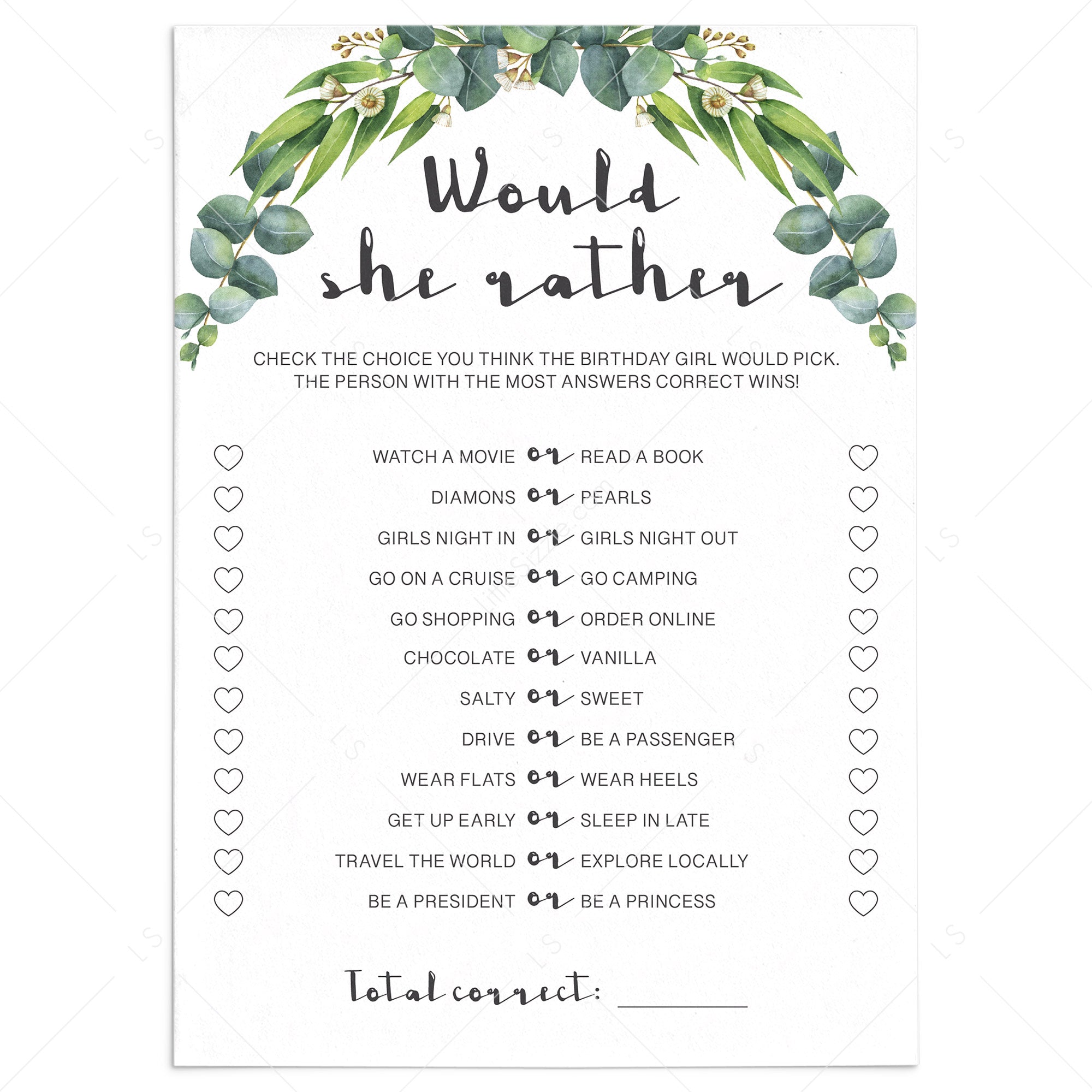Would She Rather Birthday Game Greenery Theme by LittleSizzle