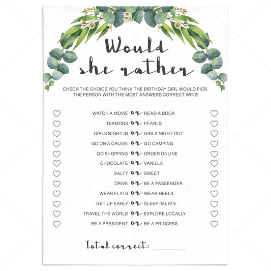 Would She Rather Birthday Game Greenery Theme by LittleSizzle