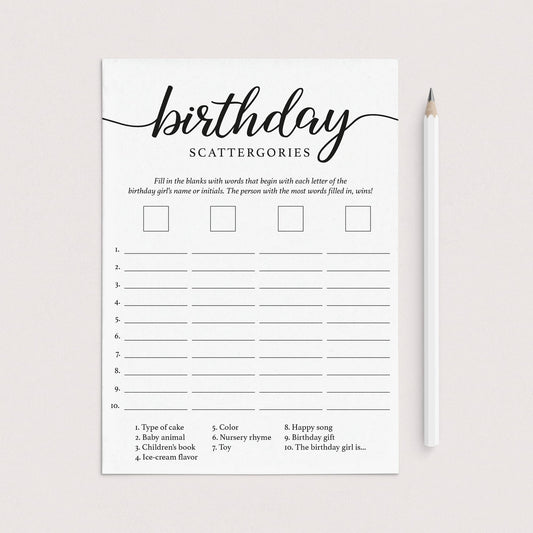 Girl 1st Birthday Party Game Scattergories Printable by LittleSizzle