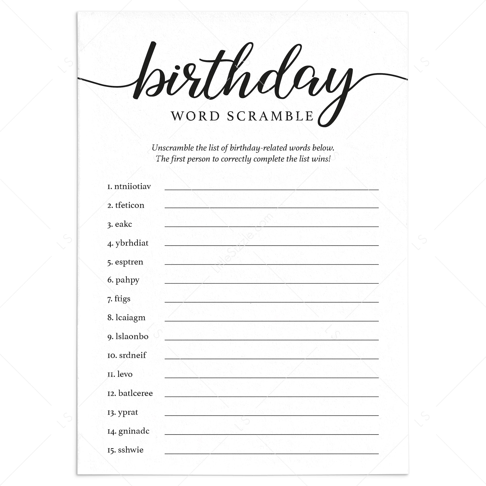 Birthday Word Scramble with Answer Key Printable by LittleSizzle