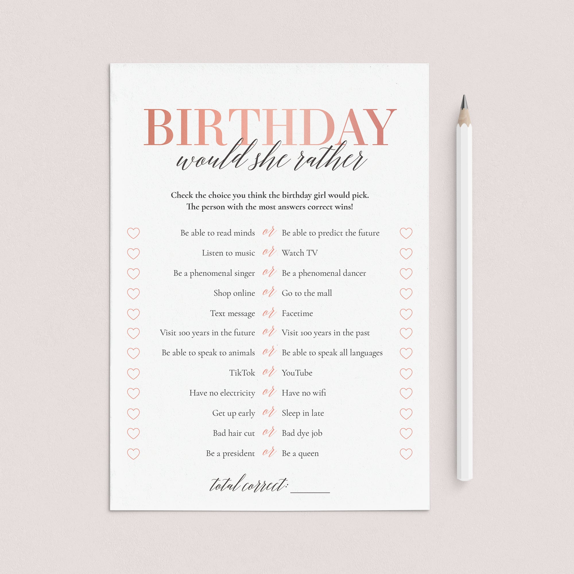 Teenage Girl Birthday Party Game Would She Rather Printable by LittleSizzle