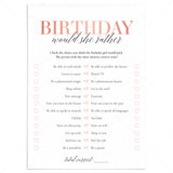 Teenage Girl Birthday Party Game Would She Rather Printable by LittleSizzle