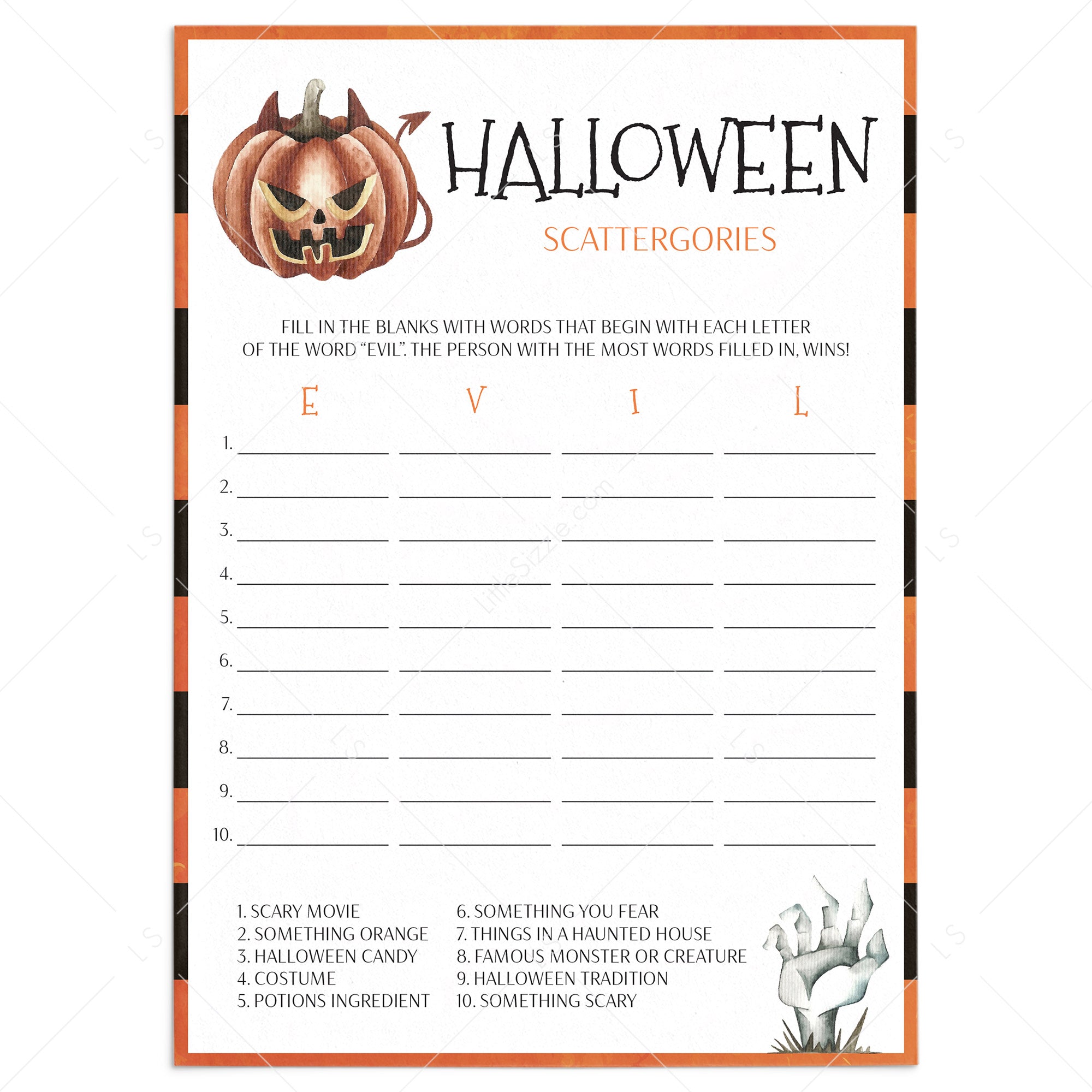 Halloween Game for Family Printable Scattergories by LittleSizzle